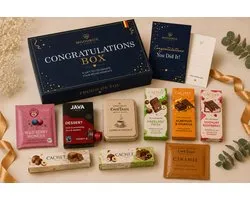 Moodbox Gifts - Congratulations Box Select - Coffret cadeau belge de luxe avec chocolat, café, thé et gourmandises - Carte de message personnalisée