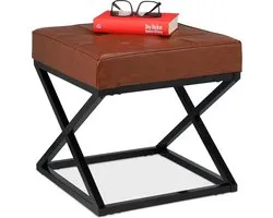 Relaxdays hocker industrial - repose-pieds en cuir artificiel - tabouret - pouf - marron