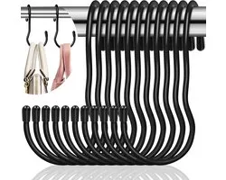 12 Pcs S Hooks，Black for Family Kitchen Cupboard Garage Garden Hanging Pots and Pans Coffee Cups Clothes Plants，14.5 cm