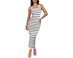 Women's Summer Square Neck Bodycon Midi Dresses 2025 Casual Sleeveless Ribbed Knit Striped Beach Vacation Long Dress,White,Medium