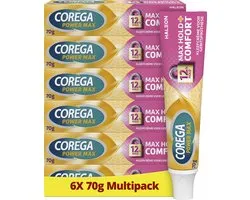 Corega Max Hold + Comfort - Crème adhésive - Dentier - Fixation supérieure - Protection contre les particules alimentaires - Confort supplémentaire & sans goût - Lot économique 6 x 70 g