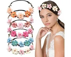 Serre-tête Fleurs - 5 Pièces - Couronne de Fleurs - Serre-tête Fleuri - Couronne de Fleurs Cheveux - Serre-tête et Pièce de Cheveux - Couronne Style Bohème - Convient pour les Mariages, les Demoiselles d'honneur, les Filles d'honneur, les Thés