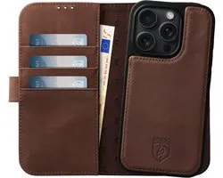 Rosso Elite Hoesje Geschikt voor Apple iPhone 15 Pro Max | Compatibel met MagSafe | Book Case en Back Cover | Magnetisch Uitneembaar | Echt Leer Beschermhoes met Pasjeshouder | Bruin