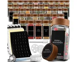 Soothe 48 Glazen Kruidenpotjes Vierkant met Acacia Deksel – 2 Soorten Strooideksels – Kruidenstrooier – Spice Jars – Complete Set incl Kruiden Stickers, Krijtstift en Accessoires – 120ml