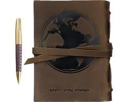 World Map Embossed Leather Notebook A5 20 x 15cm | Unlined Travel Diary Sketchbook with Pen | Handmade Leather Hardback Journal for Men and Women