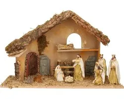 Complete kerststal met 8x st kerststal beelden - 50 x 23 x 31 cm -hout/polyresin