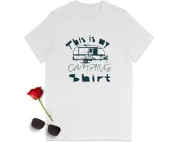 This is my Camping Shirt - Grappig Camping t Shirt - Tshirt met caravan print - t-Shirt vrouwen met tekst - Tshirt voor mannen - Dames en heren t shirt - Unisex maten: S M L XL XXL XXXL - Shirt kleuren: wit, khaki en geel.