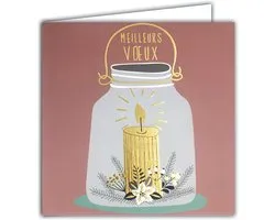 Vierkante kaart "Happy Year", beste wensen, kaars goud glanzend, lantaarn, windlicht, bloem, bessen, dennenboom, kerstfeest, met witte envelop
