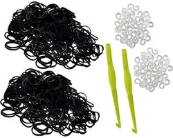 Zwarte loombandjes - 600 elastiekjes met weefhaken en S-clips