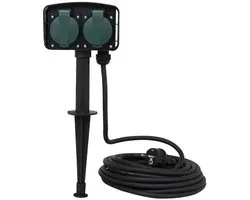 VB Extend Dubbele Tuincontactdoos op Spies - 10 meter Geaard Snoer - Zwart / Groen