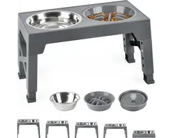 Verhoogde Voerbak Hond – 5 Hoogtes Verstelbaar – Dubbele Hondenvoerbak - Anti-Schrokbak & Waterbak – Slowfeeder – Grijs