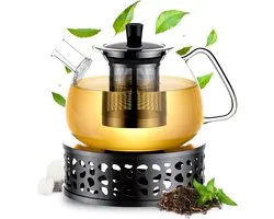 Élithé Glazen Theepot met Filter en Warmhouder - Theekan - Theepot Glas - Teapot - Tea Maker - 1 Liter - Zwart