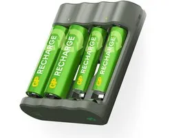 Chargeur de piles GP Recharge pour piles AA et AAA – 4 emplacements, connexion USB, charge sûre et rapide, chargeur de piles compact avec piles rechargeables 2x AA 2100mAh / 2x AAA 800mAh