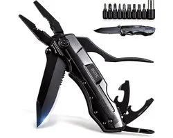 BOTC Multitool Zakmes - 14-in-1 Multitool - Blikopener / Flesopener / 9 verwisselbare schroeven / Draagetui - Survival - voor Camping / Wandelen - Zwart