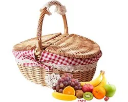 Rieten picknickmand met deksel en handvat, geweven picknickmand, handgemaakte snoepmand, geschikt voor paaseieren, opbergmand, wijnmand, natuurlijke wilgenmand, lege mand voor picknick
