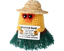 TOYMIS Positieve Eend, Emotionele Steun Gehaakte Eend met Positieve Boodschapkaart Zonnebril Grasrok voor Inspirerend Cadeau Zomerse Woondecoratie Terug naar School Cadeau
