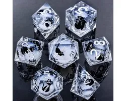 Joya Dice® Liquid Core Polydice Jeu de dés adapté aux jeux de rôle tels que Donjons et Dragons D&D DnD | Jeu de dés | Dice Set | Jeu de 7 pièces en résine | Boîte de rangement de luxe incluse | Argent chat mystique