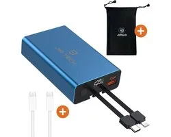 JIR Tech® - Powerbank 10 000 mAh - Charge rapide - 2 Câbles USB-C et Lightning intégrés - 1 port USB et 1 port USB-C - Indicateur LED - Compact, puissant et léger - Kit d'urgence - Pour iPhone, Samsung et Tablettes