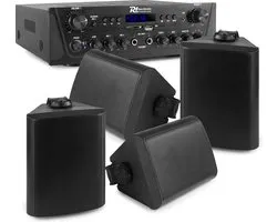 Geluidsinstallatie - Power Dynamics horeca geluidsinstallatie met Bluetooth en mp3 speler en 4 weerbestendige speakers - Zwart