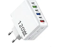 120 W 6-poorts USB C-lader, multi, met 3 USB en 3 PD, 65 W, multi-USB voeding voor iPad, Samsung Galaxy, Google Pixel, tablet, mobiele telefoon met Android, laptops