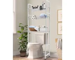 Fandature About the Toilet Storage Rack with 3 Tier Shelf for Bathroom, Freestanding Organizer Above Toilet Stand with 6 Adjustable Shelves and 4 Hanging Hooks, White