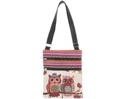 Allecto - Lurrose Canvas Rits Tas - Boheemse Crossbody Tas - Uniek Uilmotief - Functioneel en Duurzaam - Handgemaakt - Geschikt voor Vrouwen
