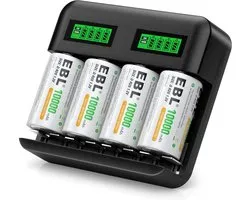 EBL Universele Batterijlader + 4x D Batterijen voor Oplaadbare AA, AAA, C & D Ni-MH Batterijen - Batterij oplader met LCD Scherm voor Oplaadbare batterijen
