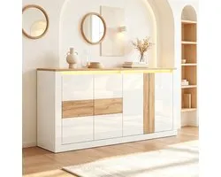 DESMIU Enfilade - Sideboard Moderne Avec Éclairage LED RGB Et Étagères Réglables - Pour Salon Et Couloir - MDF - Blanc Et Naturel - 140x35x70 Cm