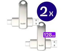 2-Pack Buddi USB-C Stick 128GB | USB C en USB A | Dual Geheugenstick | USB 3.1 | Plug & Play | Universeel | Geschikt voor smartphones, tablets, PC en meer | Extra opslagruimte | Grijs