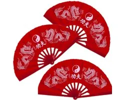 Handwaaier tai chi - 3x stuks - yin yang en draken - rood - 65 x 35 cm – polyester/kunststof - Verkoeling in de zomer