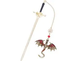 Marque-page épée Fourth Wing - Marque-page dragon fantastique avec pompon vintage en métal pendentif or antique rouge Marque-pages accessoires de page cadeau pour club de lecture hommes garçons étudiants