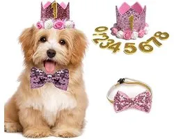 Ensemble d'anniversaire pour chien 11 pièces avec chapeau avec chiffres et nœud rose - chien - animal de compagnie - anniversaire de chien - chapeau - nœud - rose