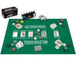 Pokerset Compleet - 200 Chips 4 gram - Speelkleed - 2 Kaartenstokken - Dealer & Blind Buttons - Tinnen Doos - Engelhart