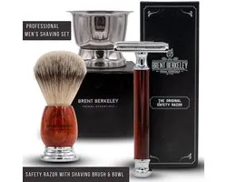 Brent Berkeley® Safety Razor Scheerset - Professioneel Veiligheidsscheermes / Krabbertje met Scheerkom, Scheerkwast & Double Edge Blades