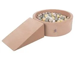 KiddyMoon Foam Play Area with Round Balls for Kids (100 Balls) + Desert Rose: Beige Pastel / Green/Grey/Pastel Yellow/White