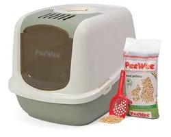 Kit de démarrage Peewee XXL Ecodome pour bac à litière pour chat – coloris pastel tendance vert sauge/crème – comprenant des granulés Peewee et une pelle – 66,5 x 48,5 x 46,5 cm