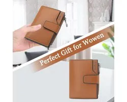 HNOOM Damesportemonnee van PU-leer, klein en kort formaat, met veel vakken, mini-portemonnee voor dames met 16 kaartvakken en muntvak, Bruin-x, 12.5 x 10 x 3cm, Minimalistisch