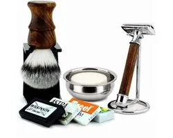 Complete scheerset voor mannen, houten nat scheerset voor mannen met veiligheidsscheermes, scheerkwasthouder, synthetische scheerkwast, kom en zeep - Traditionele scheerset - Cadeau voor hem
