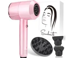 Sansbeauté® Föhn met Diffuser - Ionische Haardroger - Borstel - Reisföhn - 3 Opzetstukken - Krullen - Krul Feun Set - Sèche Cheveux - Haarföhn met Defuser - Hair Blow Dryer - 2000W - Pink