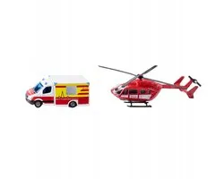 SIKU 1748, Ensemble de services de sauvetage, Hélicoptère de sauvetage et ambulance Mercedes Benz, Métal/Plastique, Rouge/Blanc, Rotors tournants