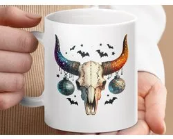 Mok Disco Bull Skull Mug, Halloween Bats, Celestial Horns, Western Decor, Unique Coffee Cup, Party Vibe, Spooky Season, Trendy Gift