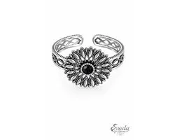 925 Sterling Zilver Ring met Zwarte Steen – Bloem Design – Vintage Statement Ring – Black Stone Flower Ring – Bague Fleur Pierre Noire – Eavada Jewelry