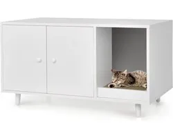 LIFEZEAL 2-in-1 Cat Cabinet with Scratching Board, Coffee Table with Cat House, Cat House with 2 Doors and Raised Legs, Litter Box, Cat Hutch, Brown (White)