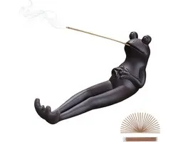 Incense Stick Holder - Ceramic Incense Burner Ash Catcher with 45 Sandalwood Incense Sticks - Frog Ornament for Aromatherapy/Yoga/Meditation/Home Décor