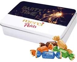 merci Petits "Party Time" 250g - Eindejaarsgeschenk - Kerstcadeau - Tinnen blik met mix van individueel verpakte mini chocolaatjes - Chocolade cadeau - Chocolade mix in tinbox