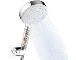Dailygoods - OFFO gefilterde douchekop, 6 straalsoorten, Groot, Waterbesparend, Met 1.6m slang en wandhouder, Helder handvat met Wit deksel, Chroom