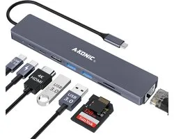 A-KONIC USB C Docking station Laptop - 8 in 1 - USB C dock - 1x 4K 60Hz - USB 3.1 - USB-C 3.1 - 100W - 2x USB 3.0 - 4K UHD HDMI - Apple / Chromebook / HP / Asus / Lenovo - Ethernet - Interhub