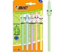 BIC Cristal Pastel Vibbies Balpennen – Blauw Medium (1.0 mm) – Schattige Kawaii Dieren (Koe, Eenhoorn, Hagedis, Dolfijn, Kip) – Set van 5
