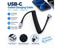 90 Degree Rotating USB-C to USB C Cable, 65W, 1.2m, Retractable USB Type C Cable for Car and more, Supports 6A Fast Charging and Data Transfer (Right Angle)