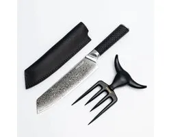 Steak Champ - Black Pearls Gift Box - Couteau de chef damassé & Fourchette à viande - Acier 67 couches - Étui en cuir